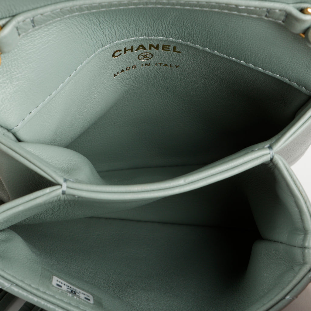 Mini Tassel Flap Bag, Light Blue Patent