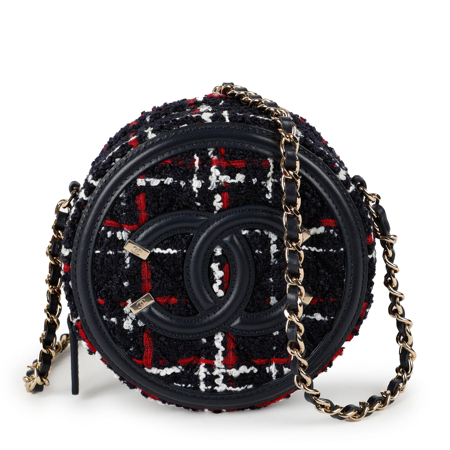 Filigree Round Clutch On Chain, Tweed