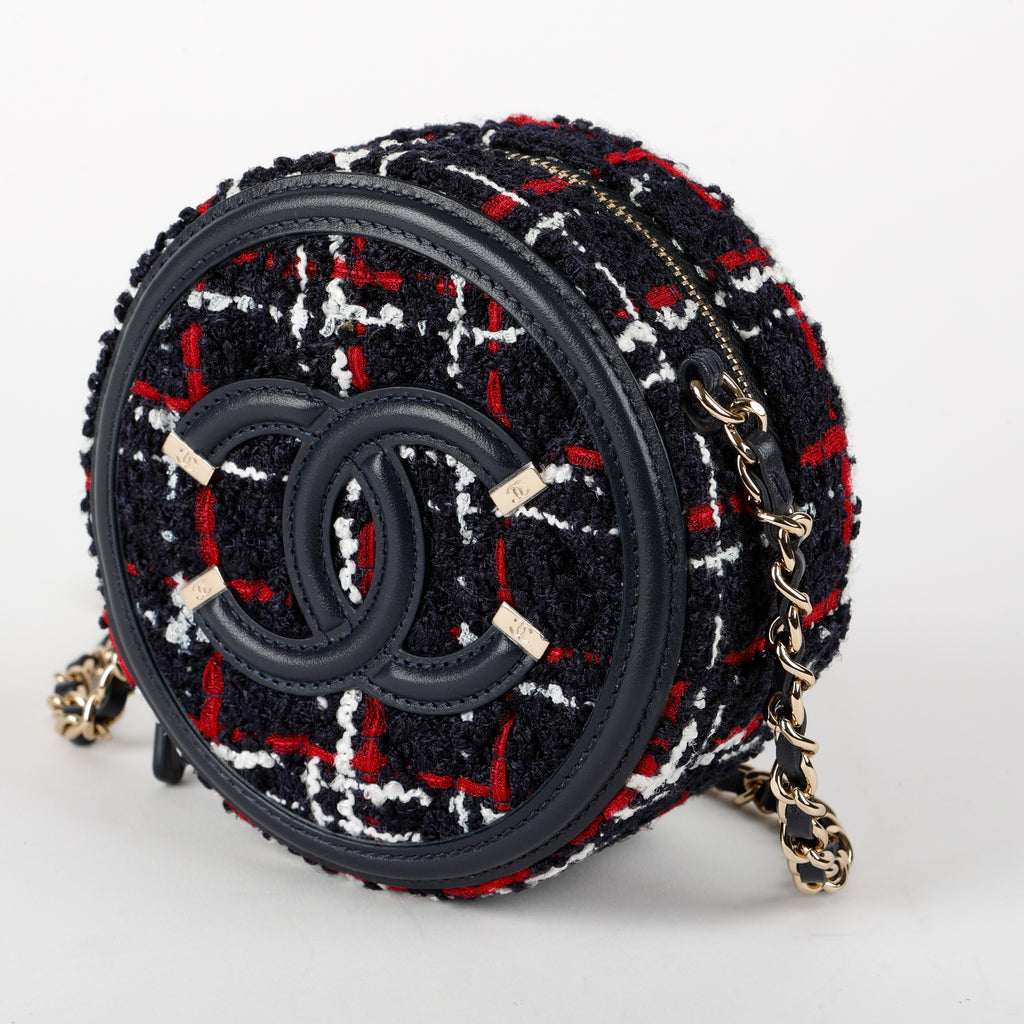 Filigree Round Clutch On Chain, Tweed