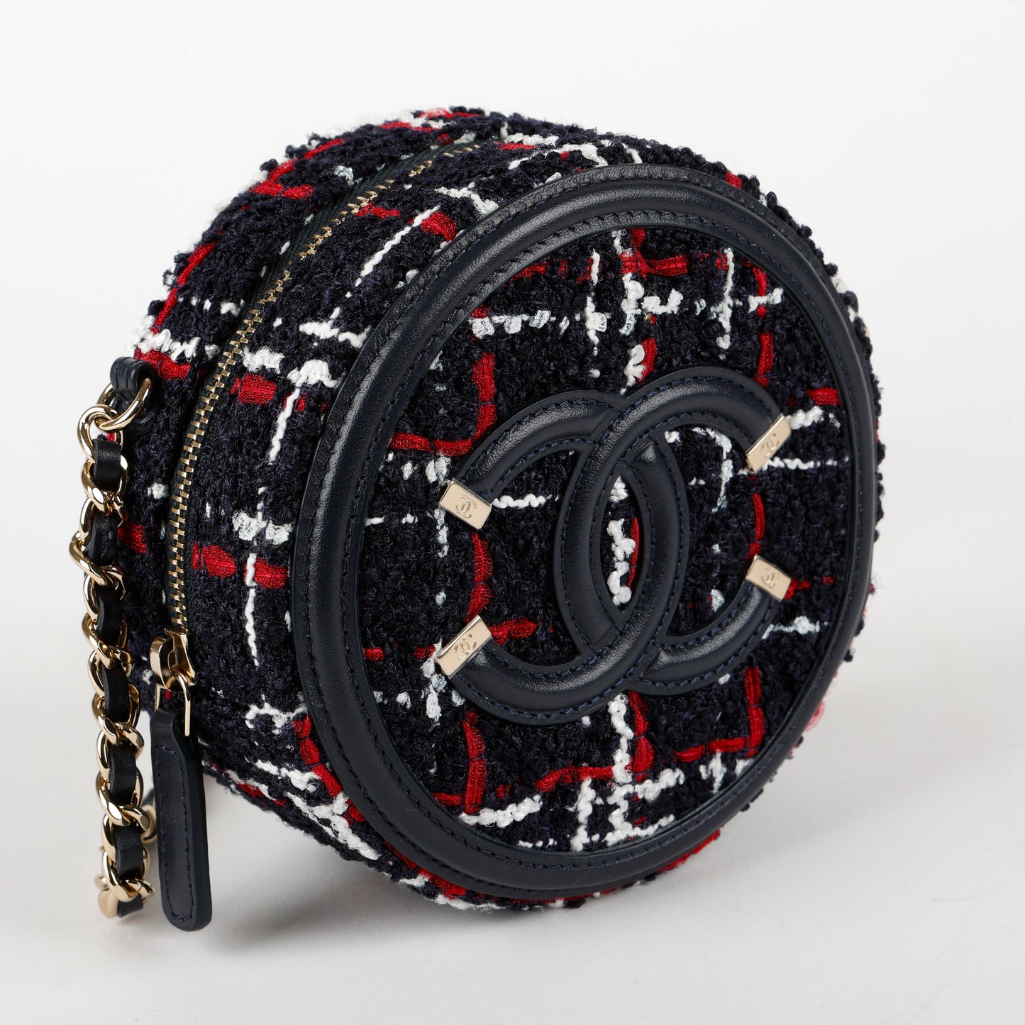 Filigree Round Clutch On Chain, Tweed
