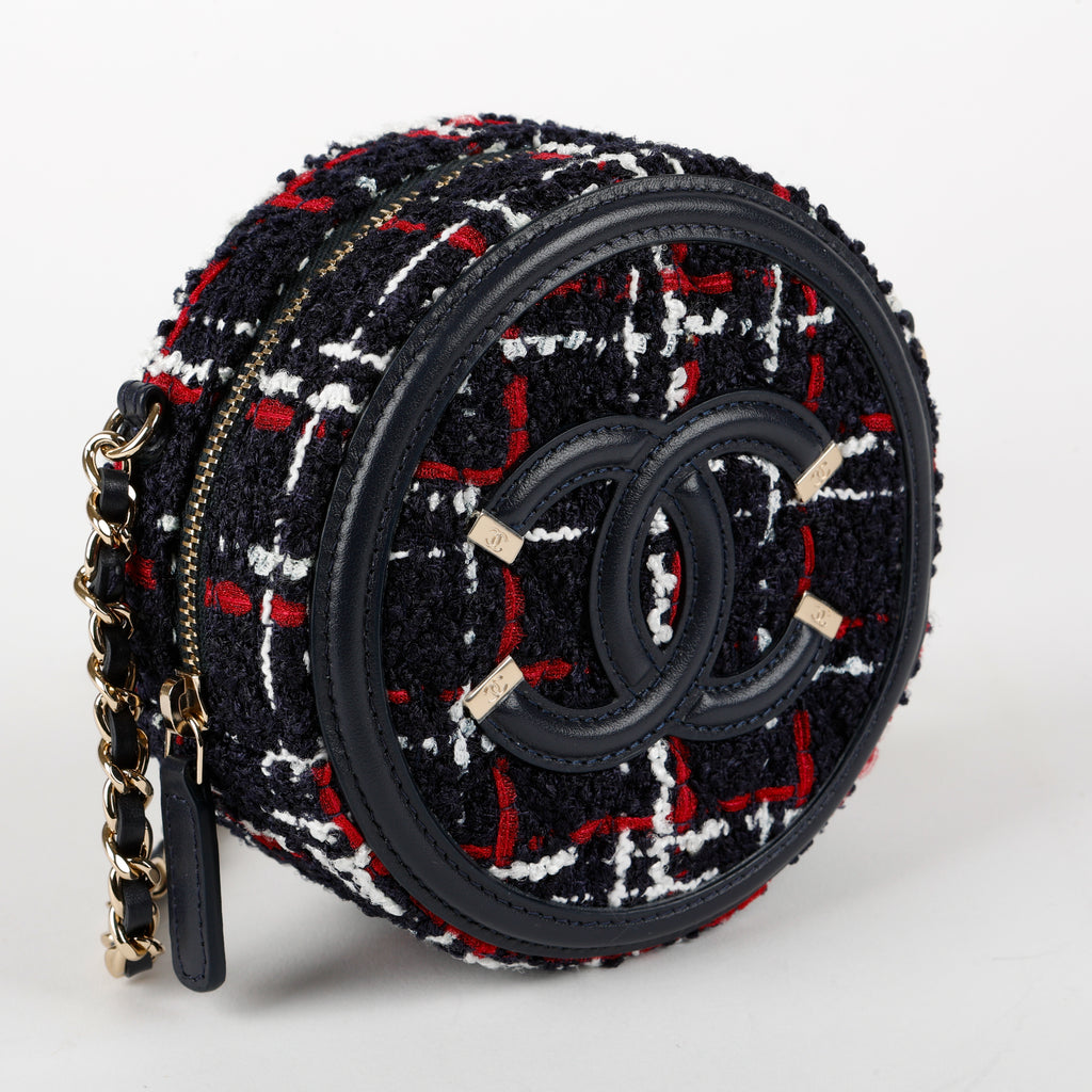 Filigree Round Clutch On Chain, Tweed