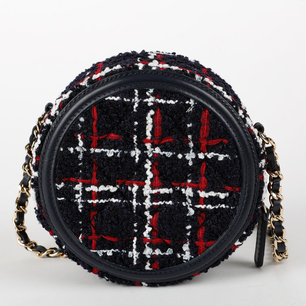 Filigree Round Clutch On Chain, Tweed