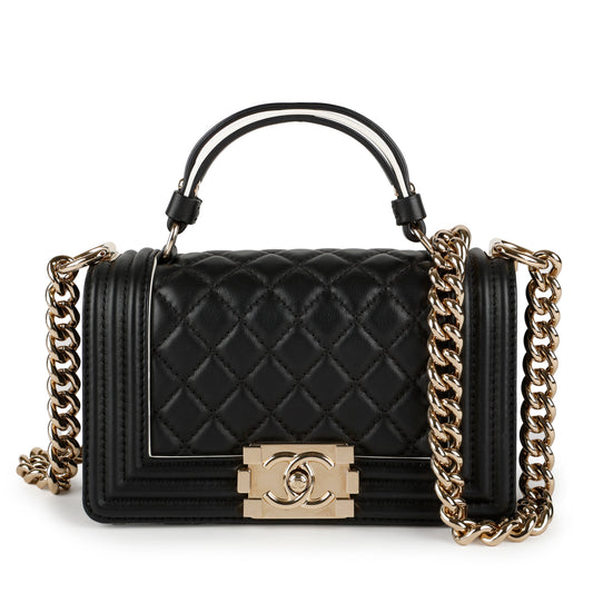 Chanel Small Top Handle Boy Bag, Black Lambskin