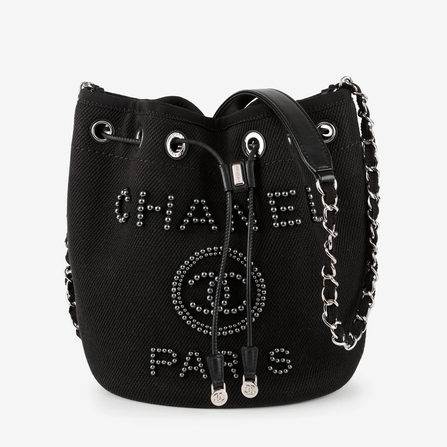 Small Deauville Drawstring Bucket, Black Canvas