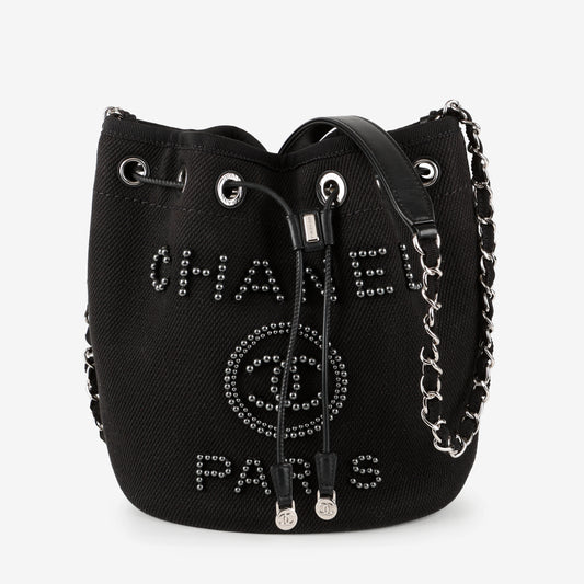 Small Deauville Drawstring Bucket, Black Canvas