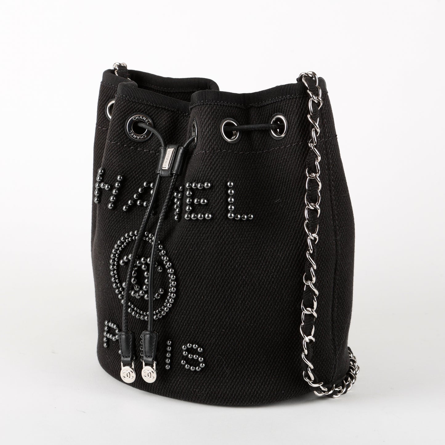 Small Deauville Drawstring Bucket, Black Canvas