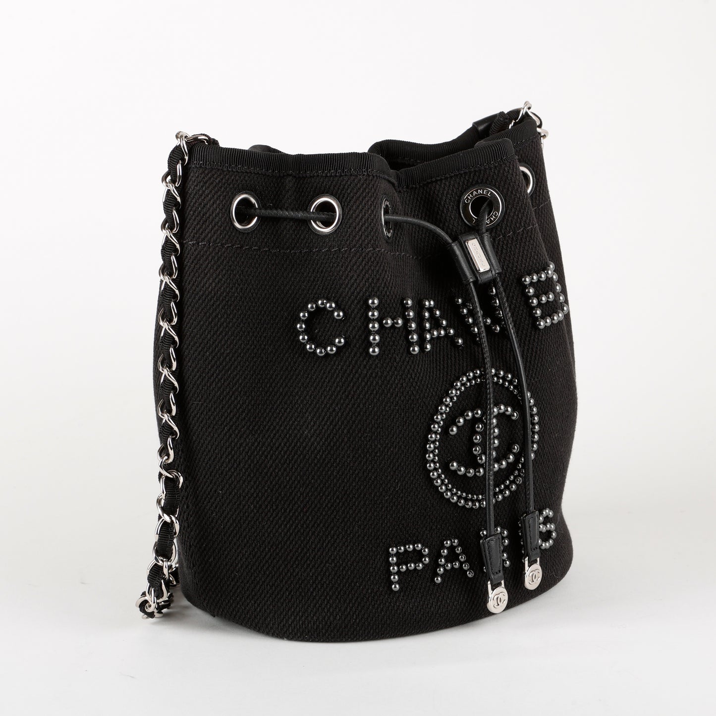 Small Deauville Drawstring Bucket, Black Canvas