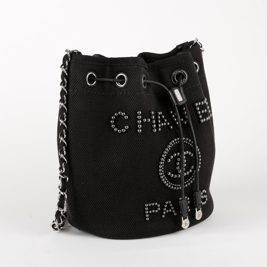 Small Deauville Drawstring Bucket, Black Canvas