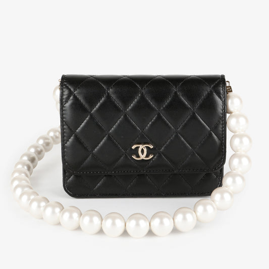 Mini Pearl Wallet On Chain, Black Lambskin