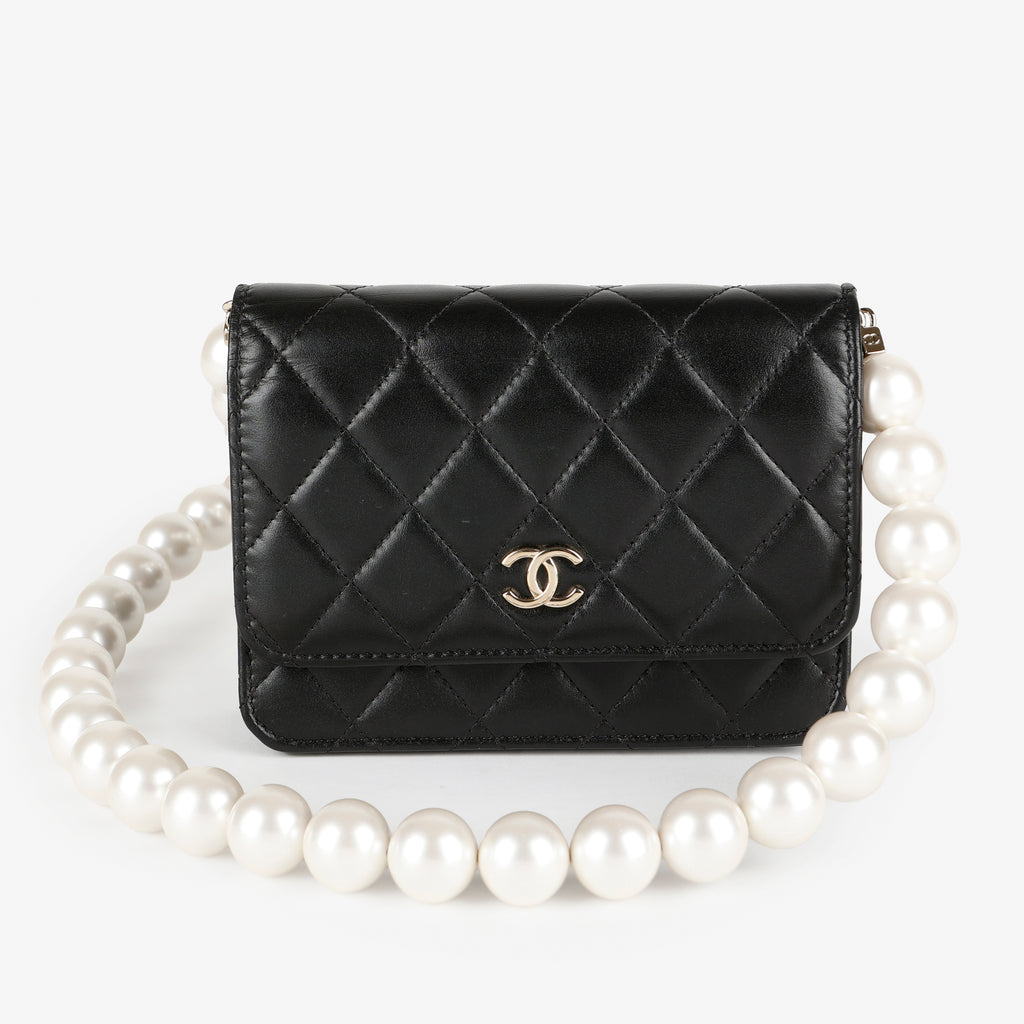 Mini Pearl Wallet On Chain, Black Lambskin