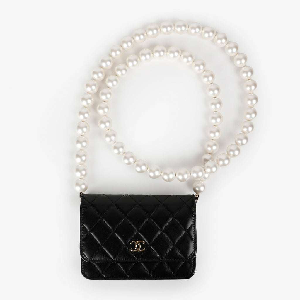 Mini Pearl Wallet On Chain, Black Lambskin
