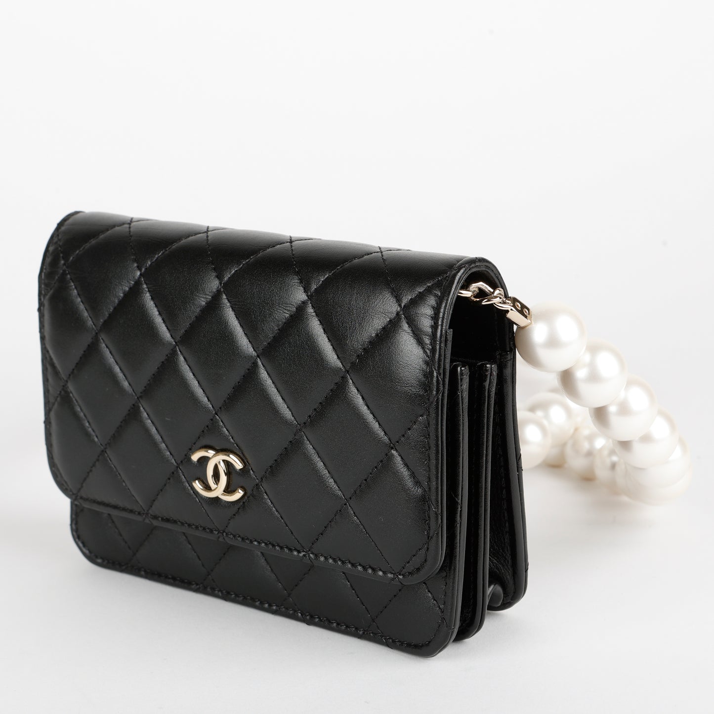 Mini Pearl Wallet On Chain, Black Lambskin