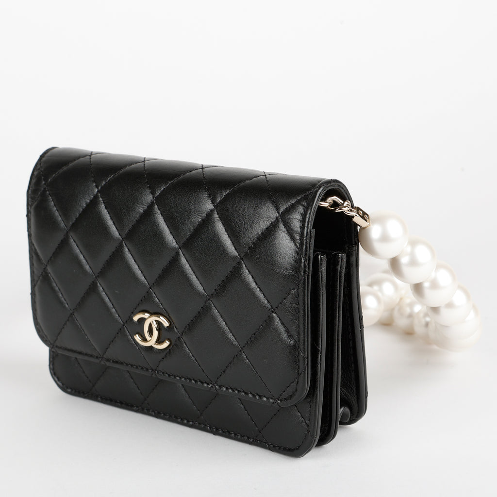 Mini Pearl Wallet On Chain, Black Lambskin
