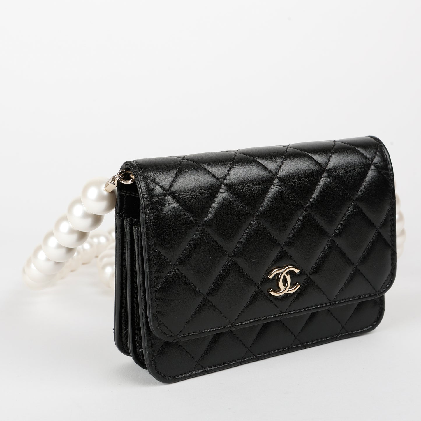 Mini Pearl Wallet On Chain, Black Lambskin