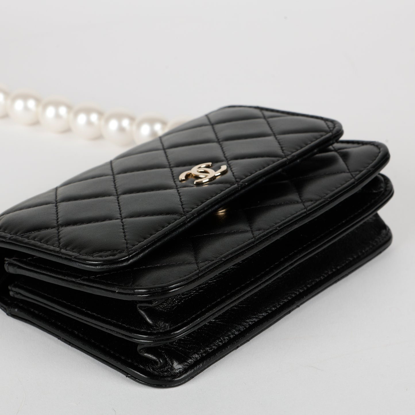 Mini Pearl Wallet On Chain, Black Lambskin