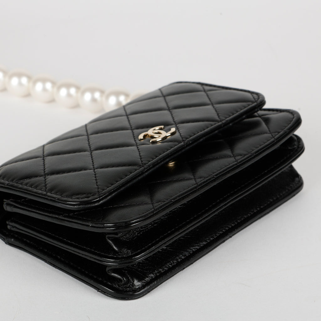 Mini Pearl Wallet On Chain, Black Lambskin