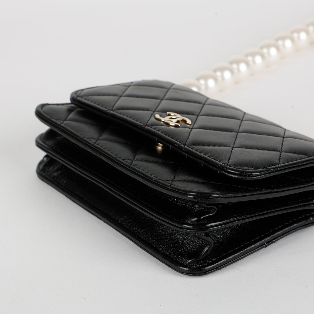 Mini Pearl Wallet On Chain, Black Lambskin
