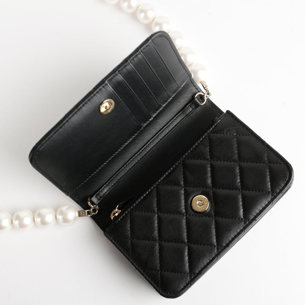 Mini Pearl Wallet On Chain, Black Lambskin