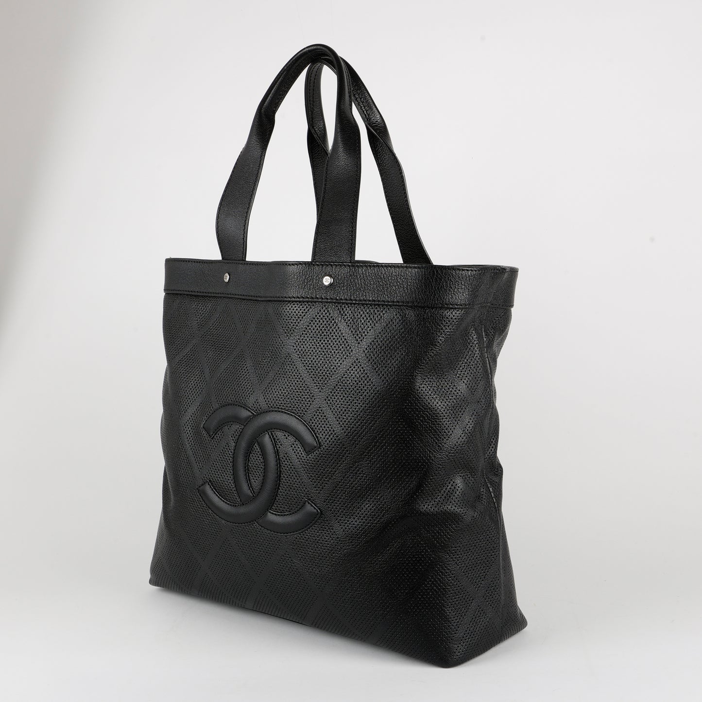CC Perforated Tote, Black Calfskin