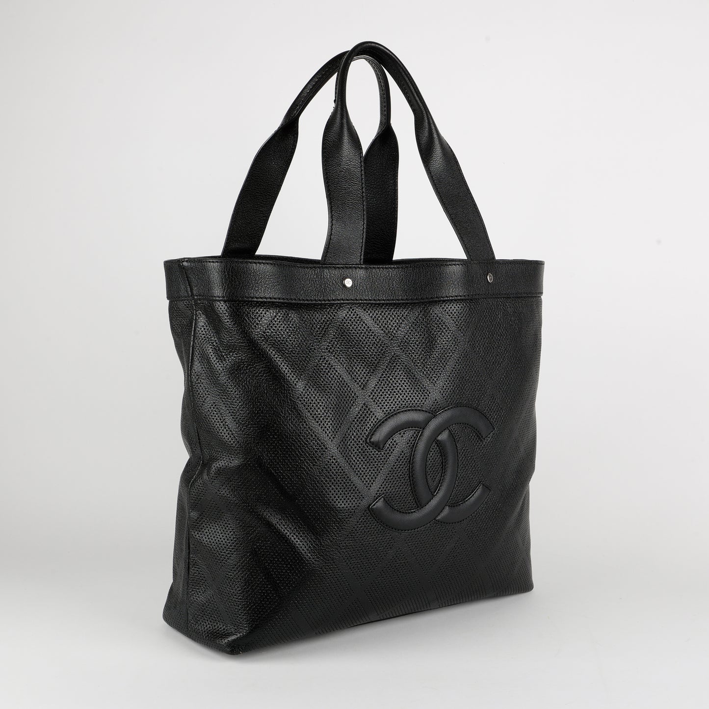 CC Perforated Tote, Black Calfskin
