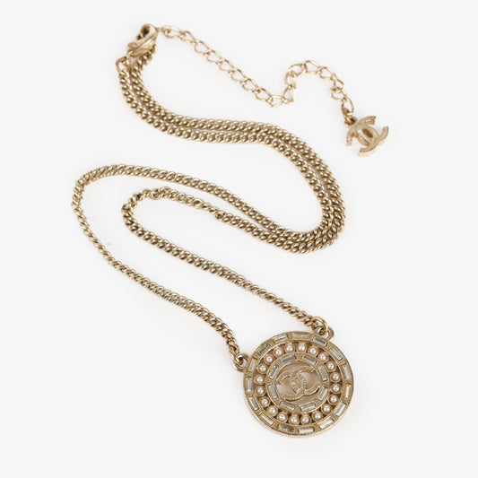 CC Medallion Necklace, Gold/Pearl/Crystal