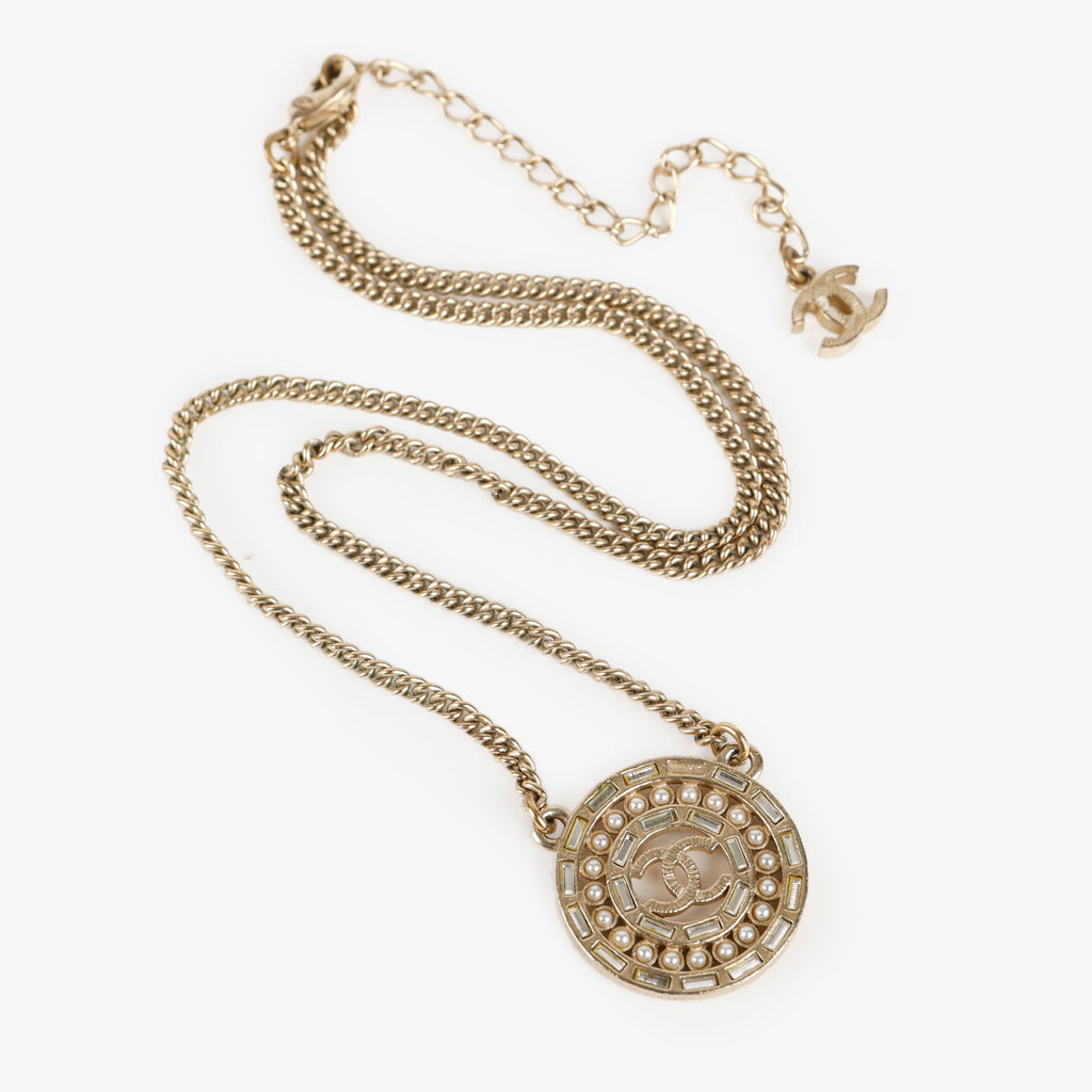 CC Medallion Necklace, Gold/Pearl/Crystal