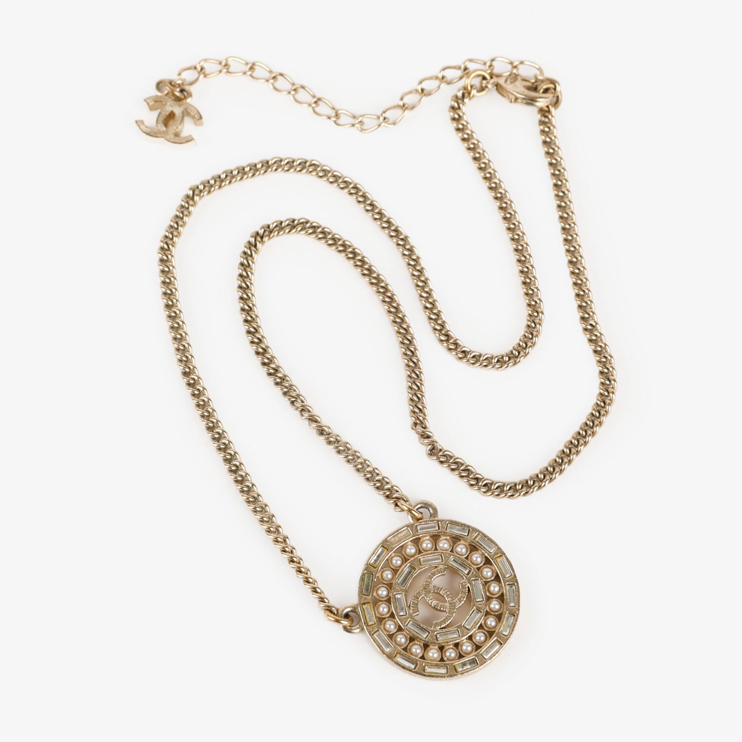 CC Medallion Necklace, Gold/Pearl/Crystal