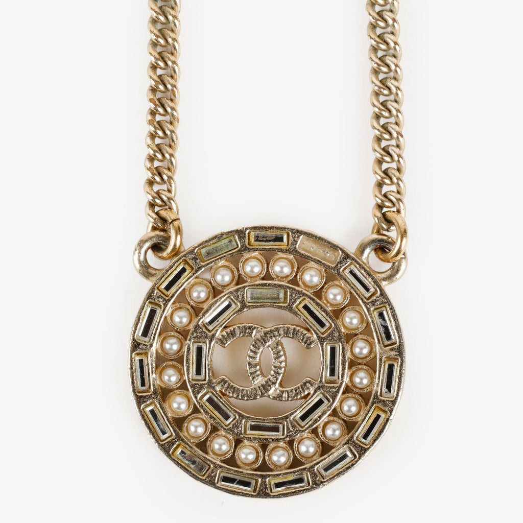 CC Medallion Necklace, Gold/Pearl/Crystal
