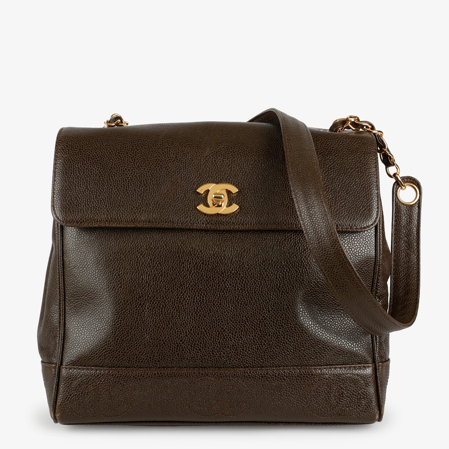 Top Handle Single Flap Shoulder Bag, Chocolate Caviar