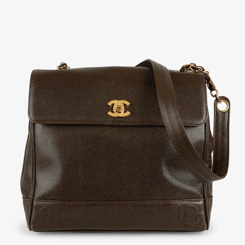 Top Handle Single Flap Shoulder Bag, Chocolate Caviar