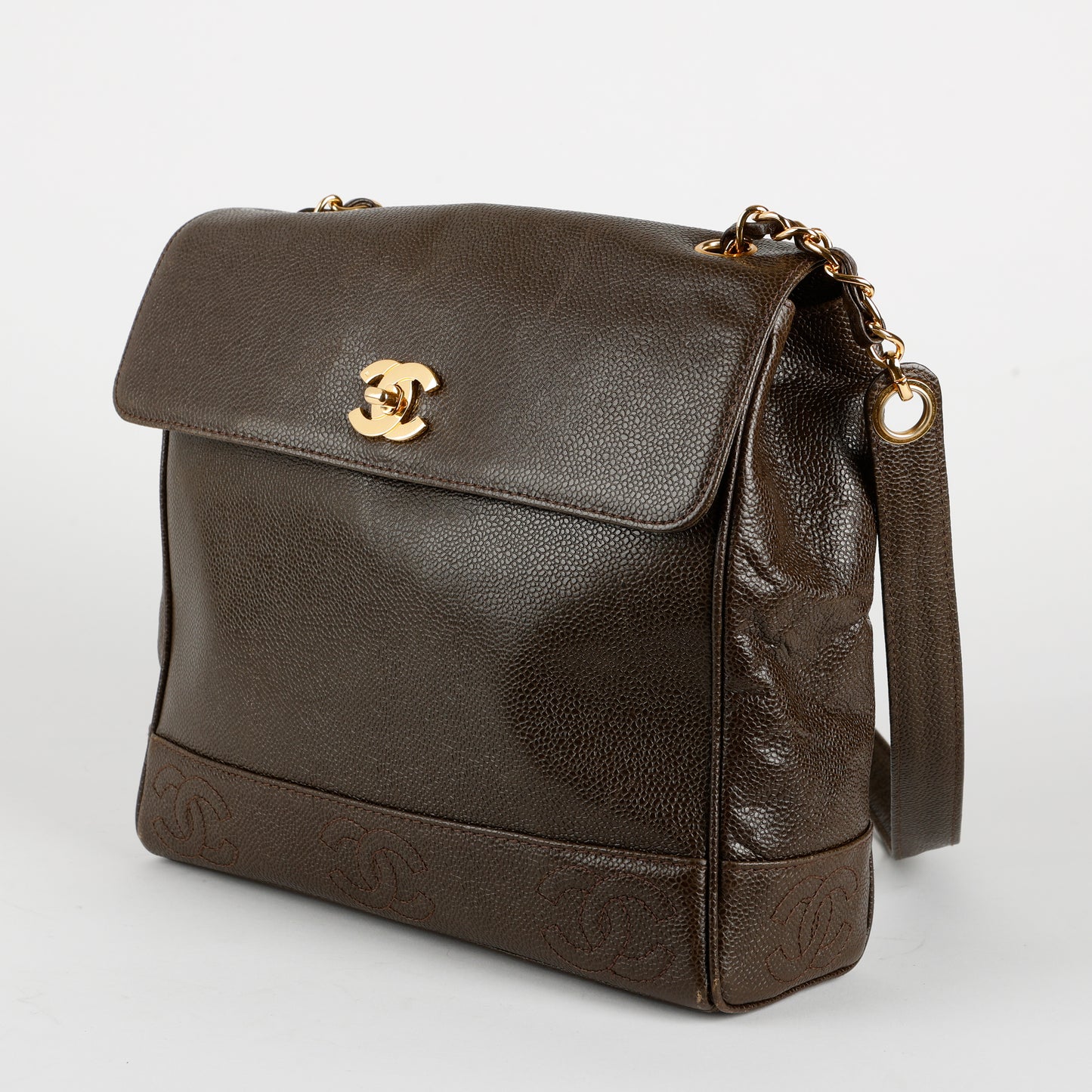 Top Handle Single Flap Shoulder Bag, Chocolate Caviar