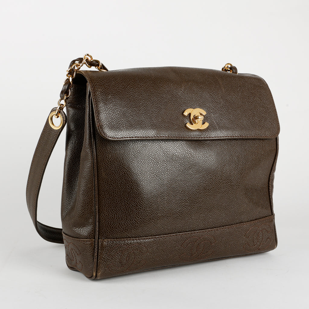 Top Handle Single Flap Shoulder Bag, Chocolate Caviar