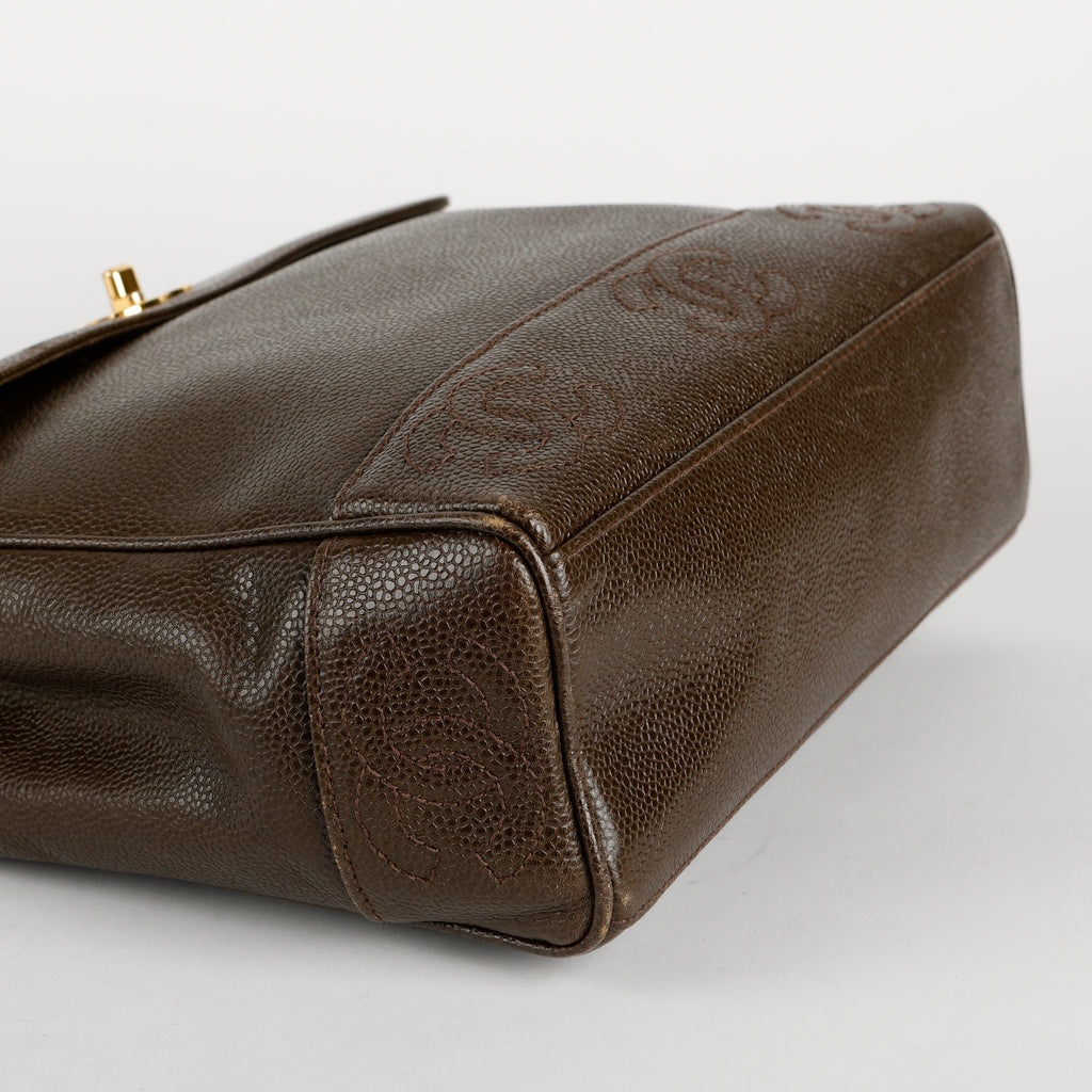 Top Handle Single Flap Shoulder Bag, Chocolate Caviar