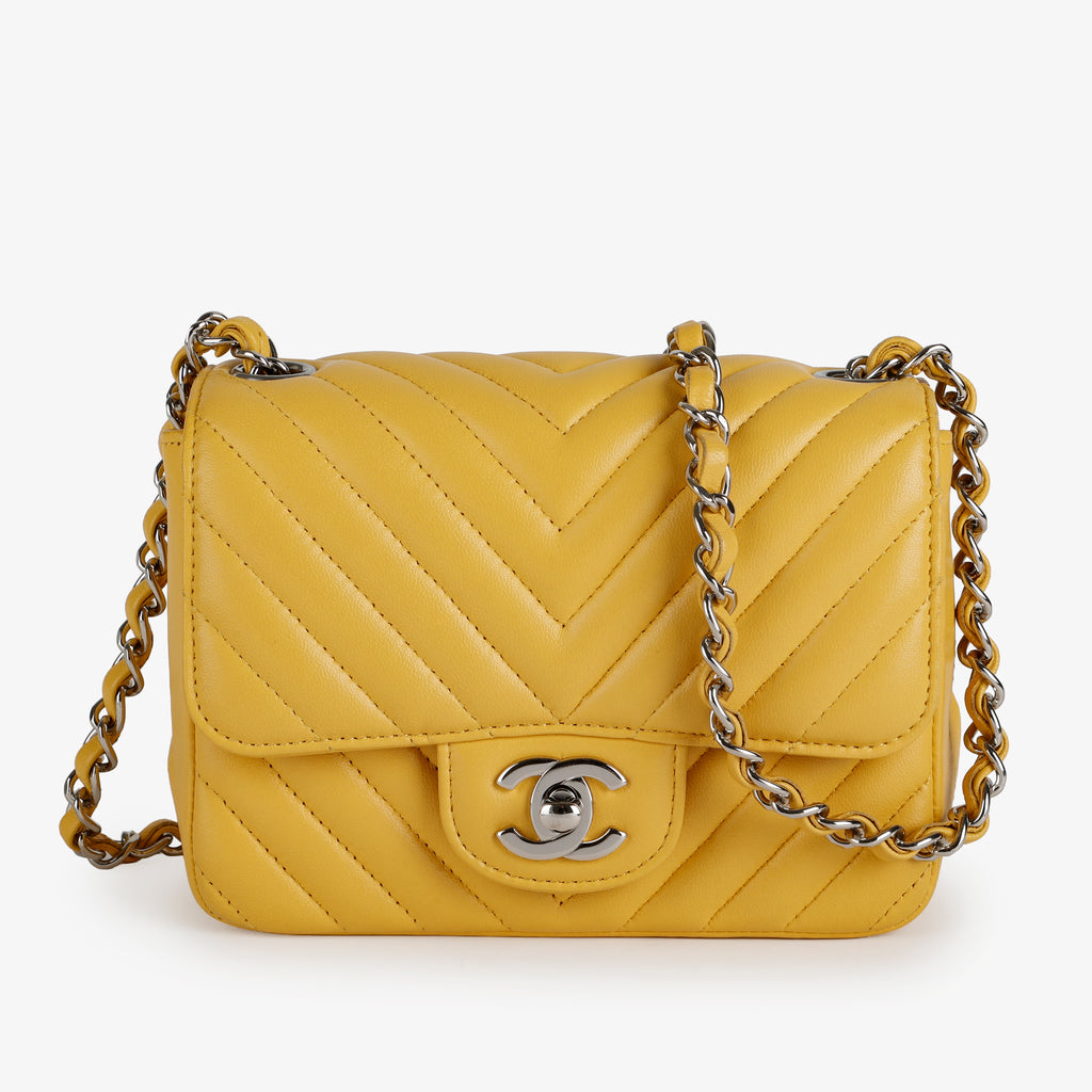 Lambskin Chevron Quilted Mini Square Flap Yellow