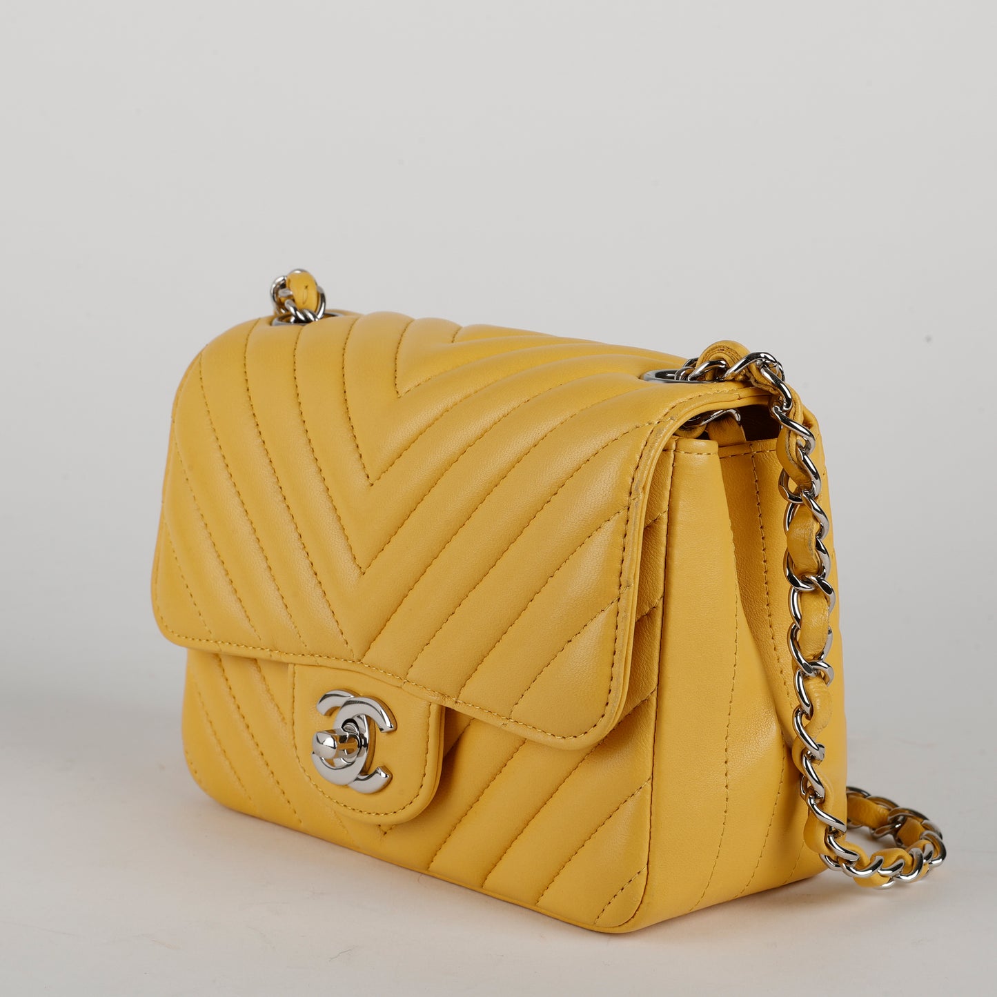 Lambskin Chevron Quilted Mini Square Flap Yellow