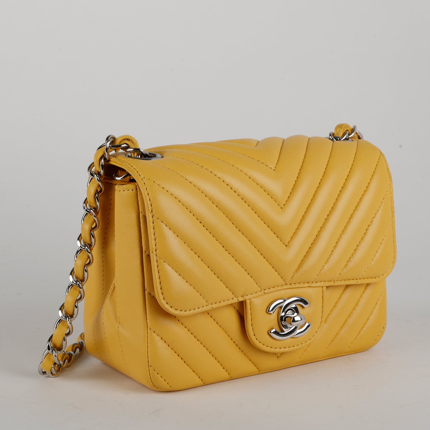Lambskin Chevron Quilted Mini Square Flap Yellow