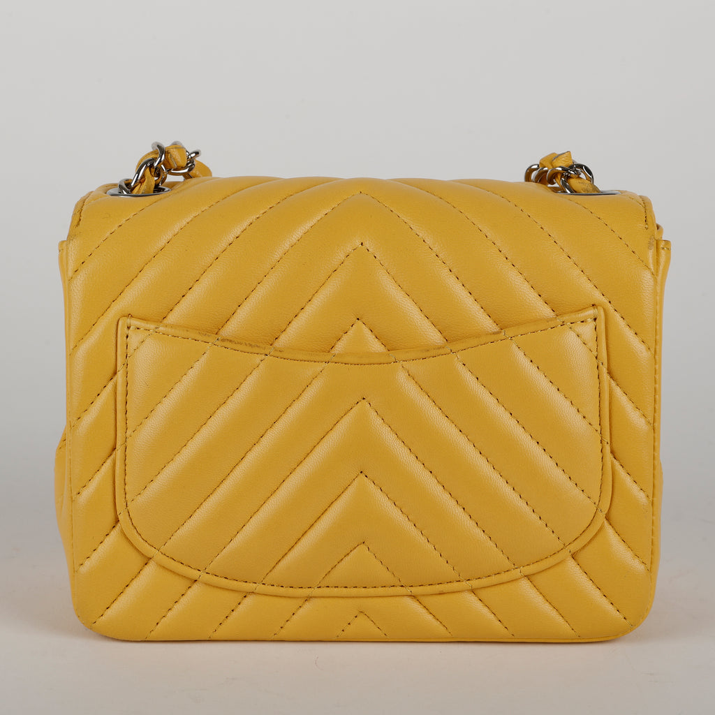Lambskin Chevron Quilted Mini Square Flap Yellow