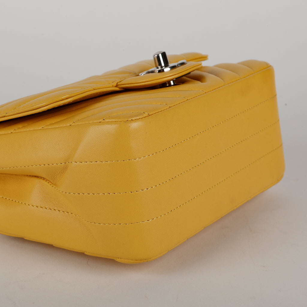 Lambskin Chevron Quilted Mini Square Flap Yellow