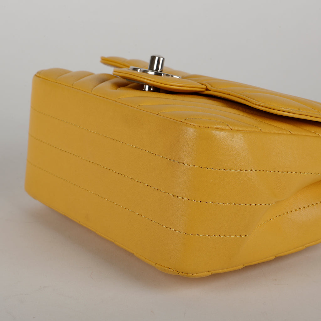 Lambskin Chevron Quilted Mini Square Flap Yellow