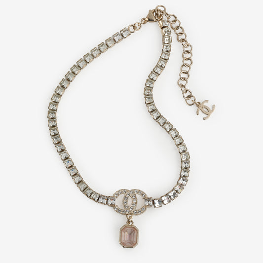 Drop Crystal Choker Necklace Gold Pink