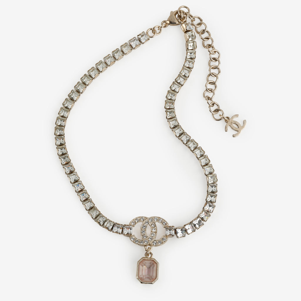 Drop Crystal Choker Necklace Gold Pink