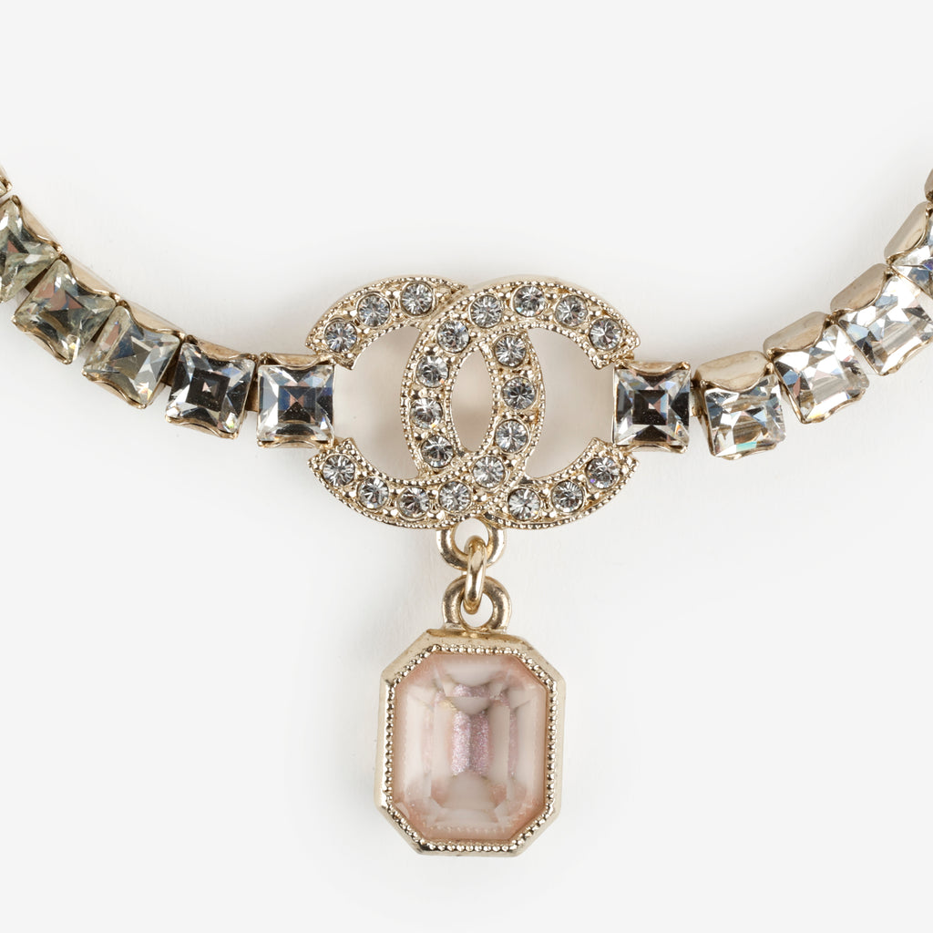 Drop Crystal Choker Necklace Gold Pink