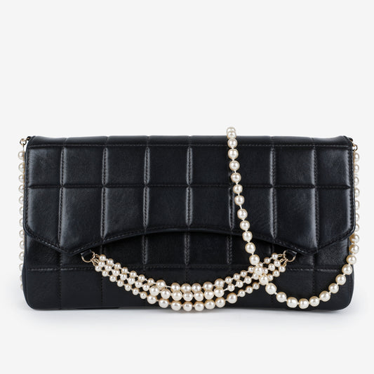 Chocolate Bar Pearl Chain Flap, Black Lambskin