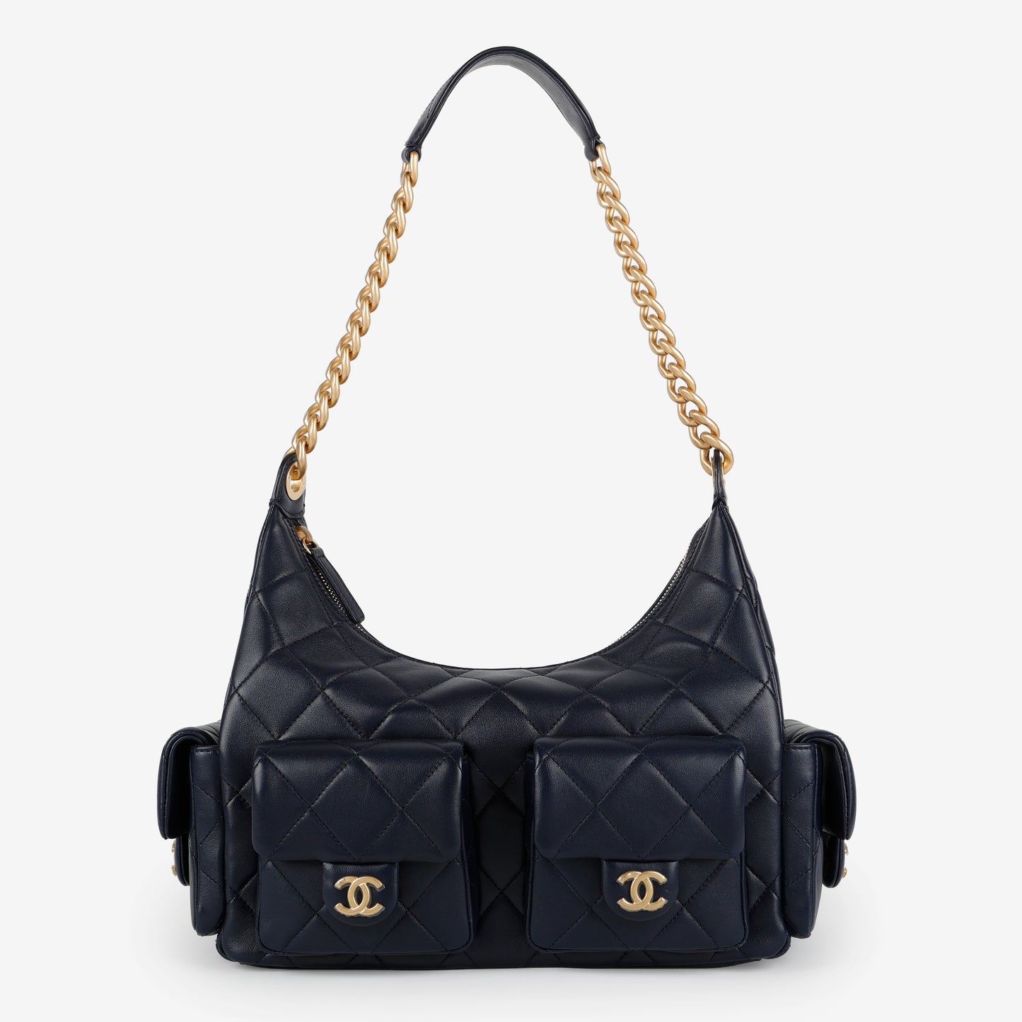 Shiny Lambskin Quilted Trendy Pockets Hobo Navy Blue