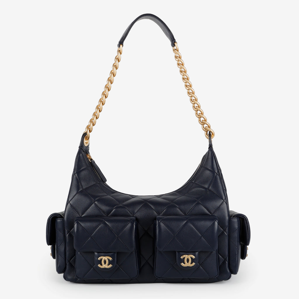 Shiny Lambskin Quilted Trendy Pockets Hobo Navy Blue
