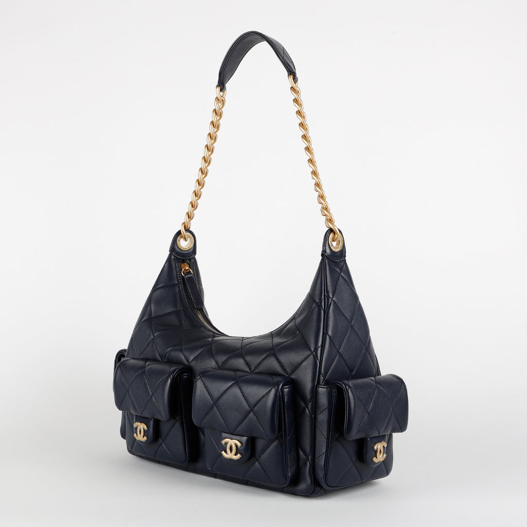 Shiny Lambskin Quilted Trendy Pockets Hobo Navy Blue