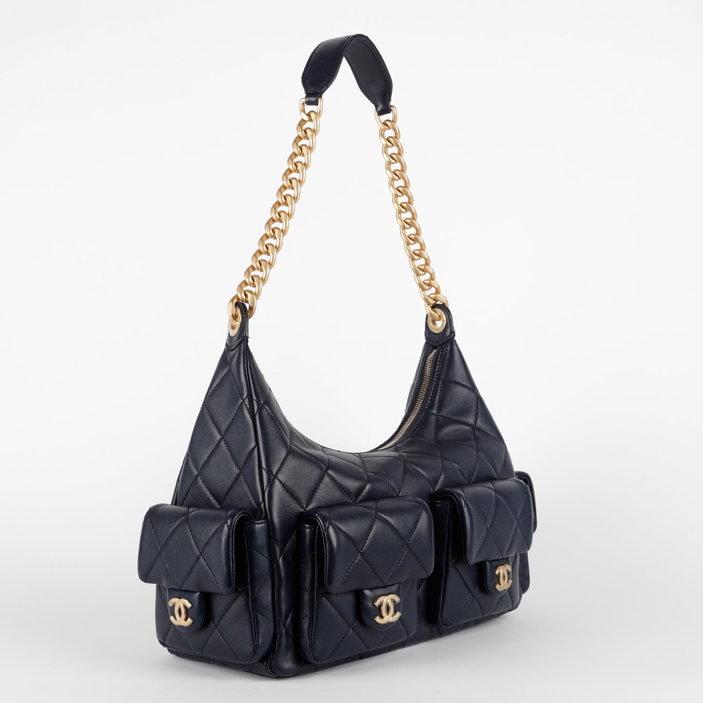 Shiny Lambskin Quilted Trendy Pockets Hobo Navy Blue