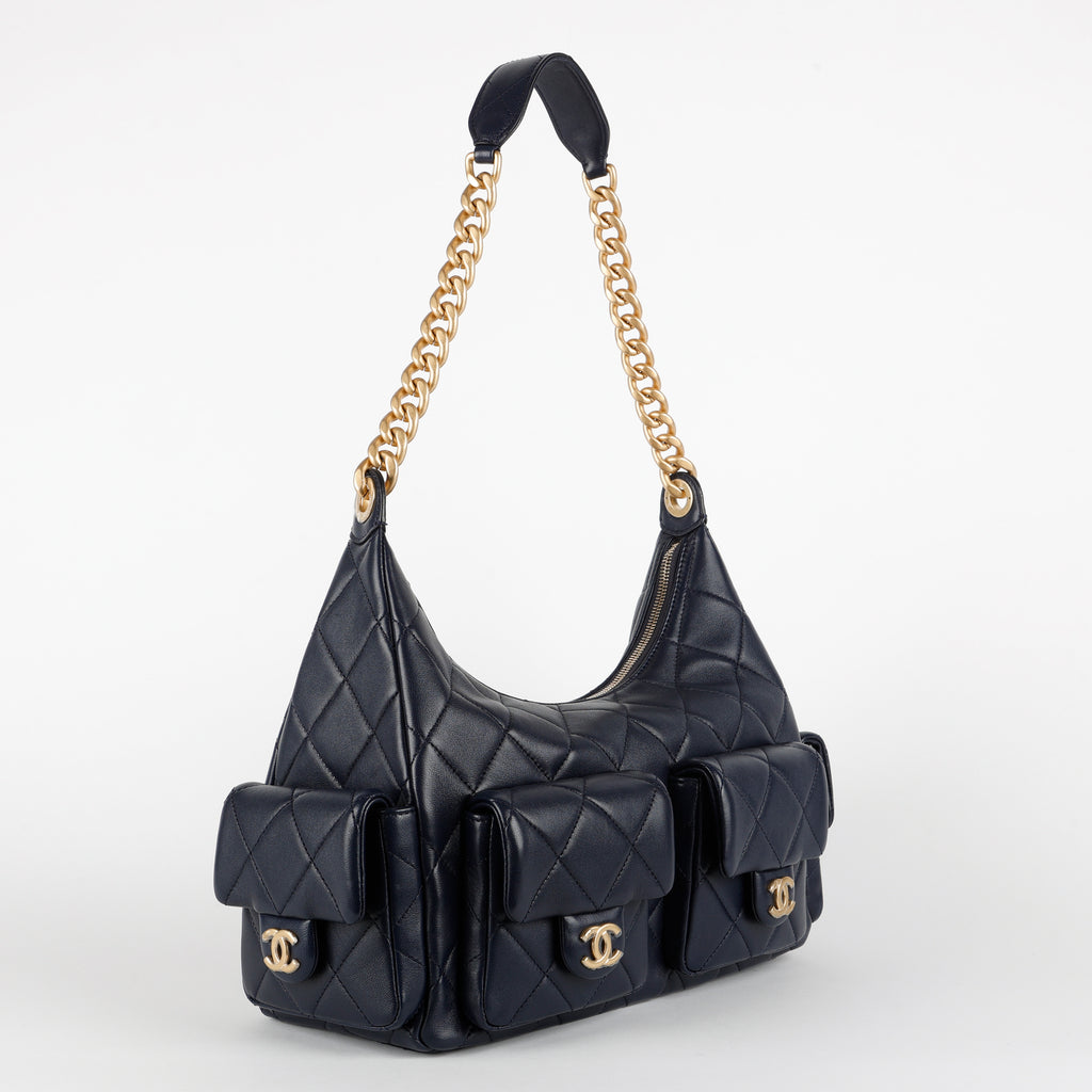 Shiny Lambskin Quilted Trendy Pockets Hobo Navy Blue