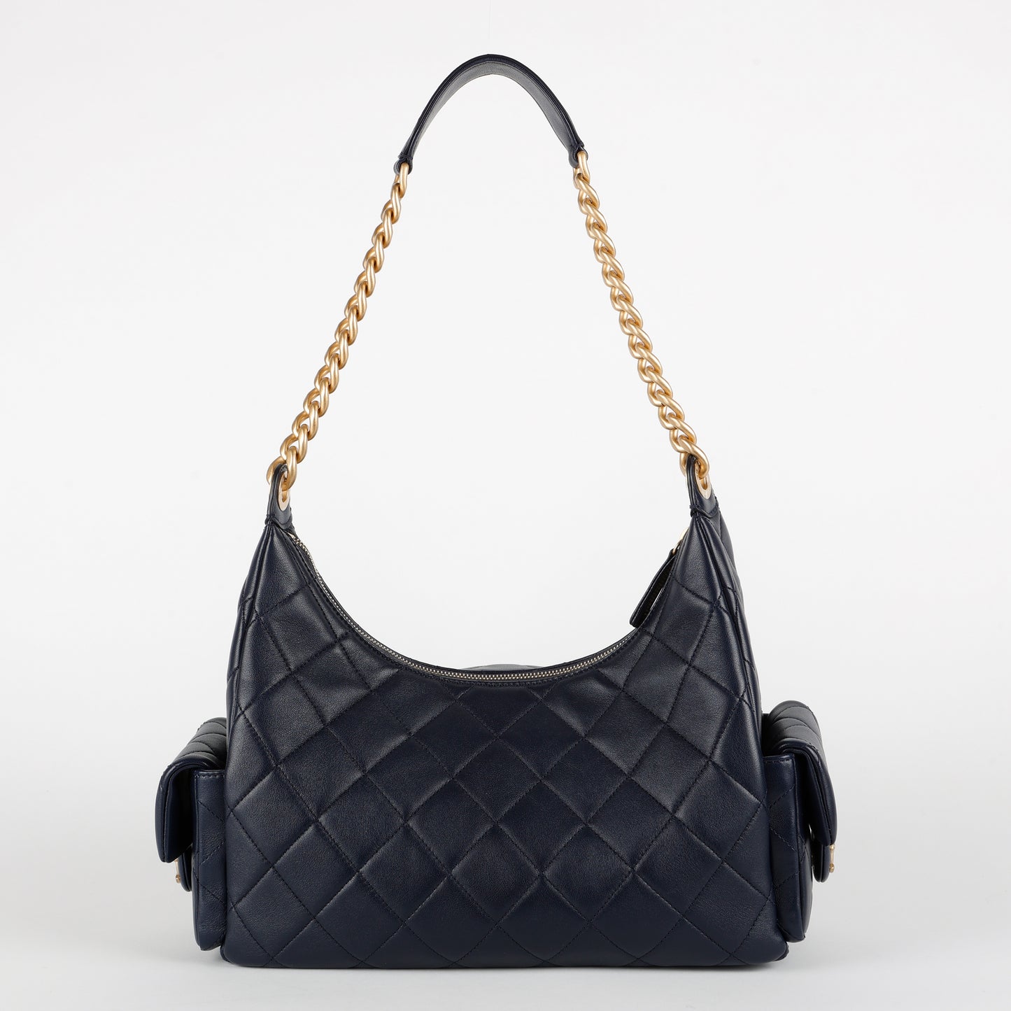 Shiny Lambskin Quilted Trendy Pockets Hobo Navy Blue