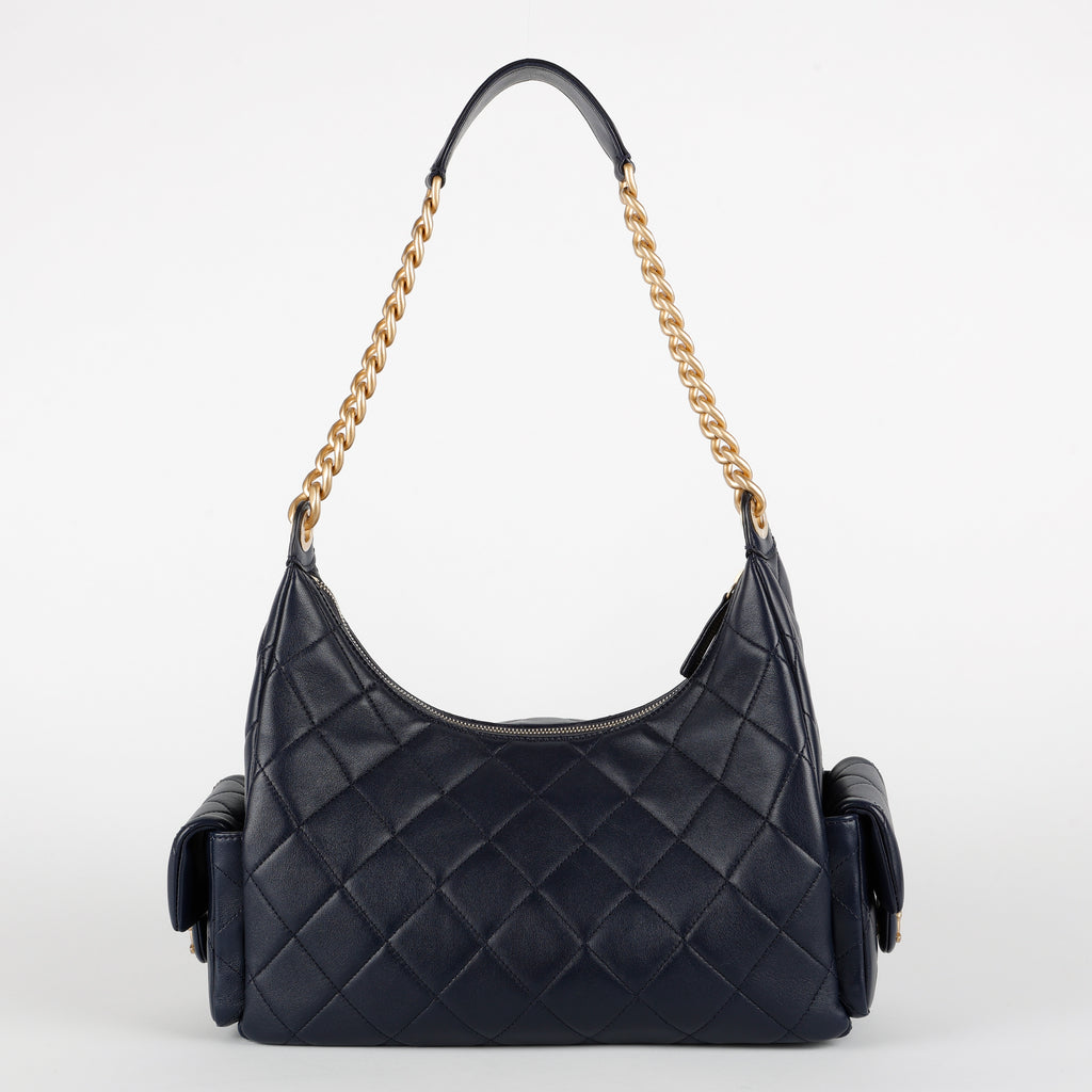 Shiny Lambskin Quilted Trendy Pockets Hobo Navy Blue